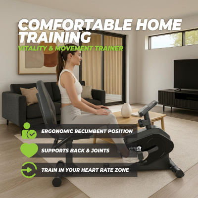 Biçikletë recumbent VirtuFit RB 1.0, me ekran, me rezistencë që e rregullon vetë, ngjyrë e zezë