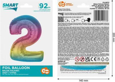 Balon numër Rainbow, 2, folie, 92 cm, shumëngjyrësh