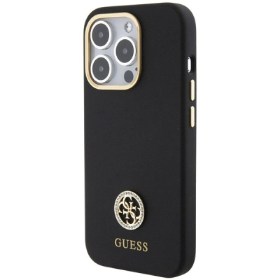 Kapak telefoni Guess Liquid Silicone, për iPhone 15 Pro, me logo metalike, i zi