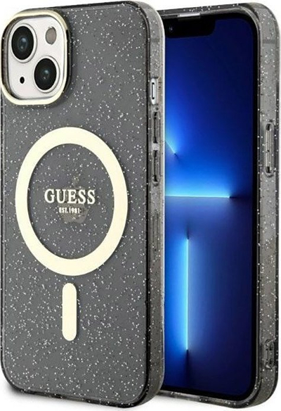 Këllëf telefoni Guess Glitter Gold MagSafe për iPhone 14 Plus, i zi