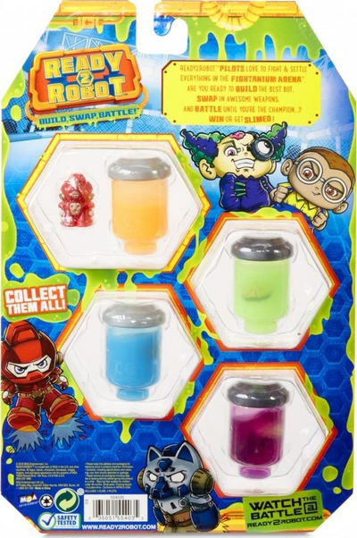 Set lodrash Ready2Robot Slime Squad Style 4, 4 kavanoza slime, figurë piloti surprizë, shumëngjyrësh