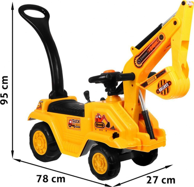 Lodër eskavator ride-on për kalamaj, me kovë që lëviz, me dorezë për ta shty, i verdhë