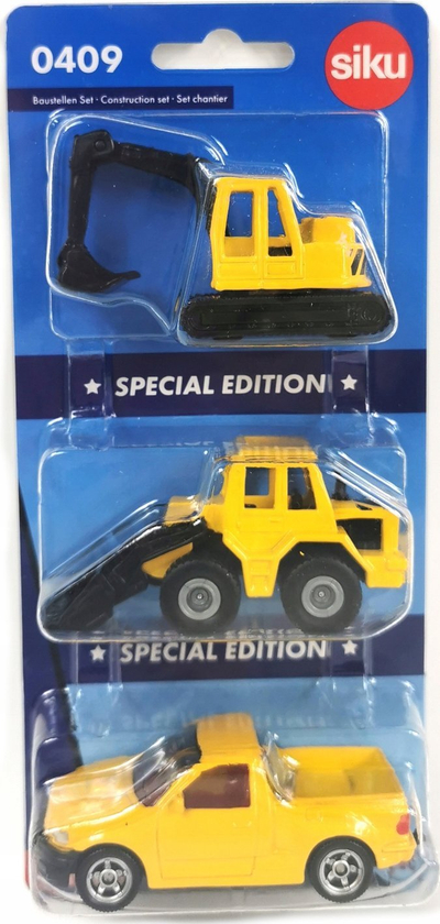 Set lodrash ndërtimi Siku 0409, 3 modele makinash, metal plastike, e verdhë