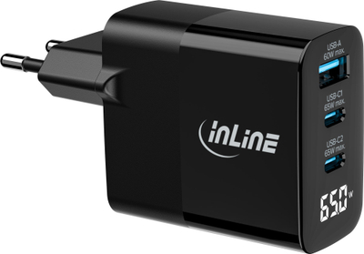 Karikues muri InLine GaN PD 65W, me 3 porta USB-C edhe USB-A, me ekran, i bardhë