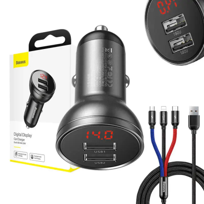 Karikues makine Baseus Three Primary Colors TZCCBX-0G, 2x USB-A 4.8A 24W, me kabllo 3 në 1, i zi