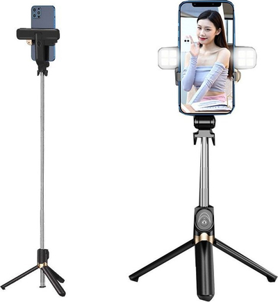 Shkop selfie me tripod LED Ring SSTR-20, me telekomandë Bluetooth, i zi