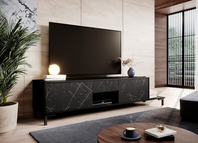 Komodë TV Marmo 2D1S1K, 195x40x47.5 cm, efekt mermeri, e zezë mat