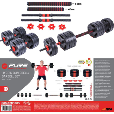 Set pesha Pure2Improve Hybrid, 30 kg, me doreza dhe shufër, i zi me të kuqe