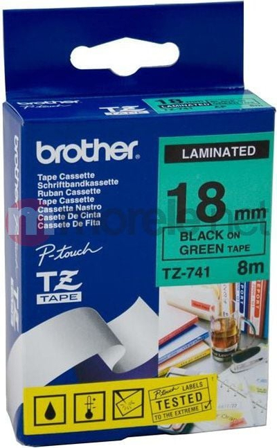 Shirit etiketues Brother TZ-741, 18mm, printim i zi mbi sfond të gjelbër