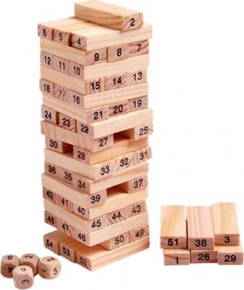 Lojë balance druri Jokomisiada Wobbly Tower GR0189, 54 tulla, me zare, ngjyrë druri natyrale