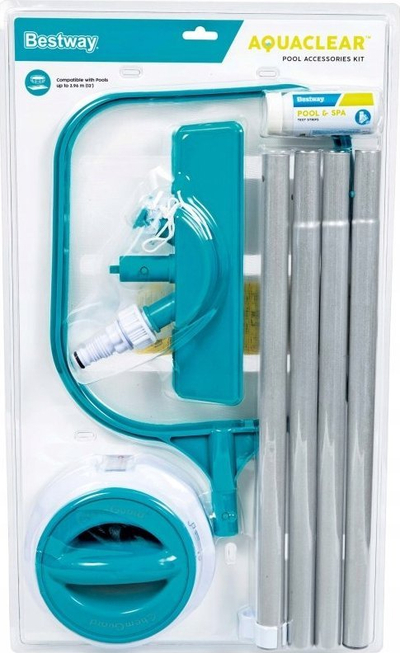 Set aksesorësh pishine Bestway Aquaclear 58794, me shkop teleskopik, skimmer dhe dispenzues kimikatesh, blu