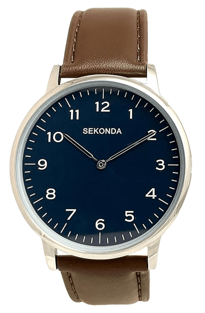 Ora dore Sekonda Quartz, rrip lëkure, për burra, e zezë
