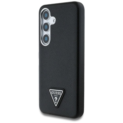 Futrollë Guess Grained Triangle Logo MagSafe për Samsung Galaxy S25, eko lëkurë, e zezë
