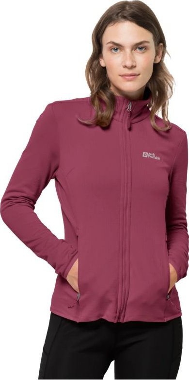 Bluzë fleece për goca Jack Wolfskin Peak Grid, jakë e lartë, material që shtrihet, e kuqe sangria