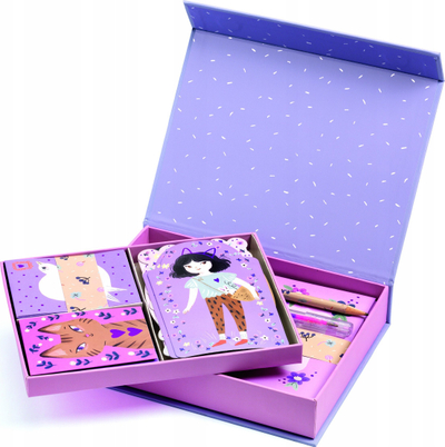 Set shkrimi Djeco Lucille, kuti magnetike, letra e zarfa me stikera, vjollcë