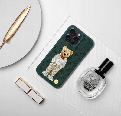 Rast telefoni ZUCK BEAR Paris Gentleman për iPhone 16, set 2 copë, lëkurë, kornizë silikoni, bezhë
