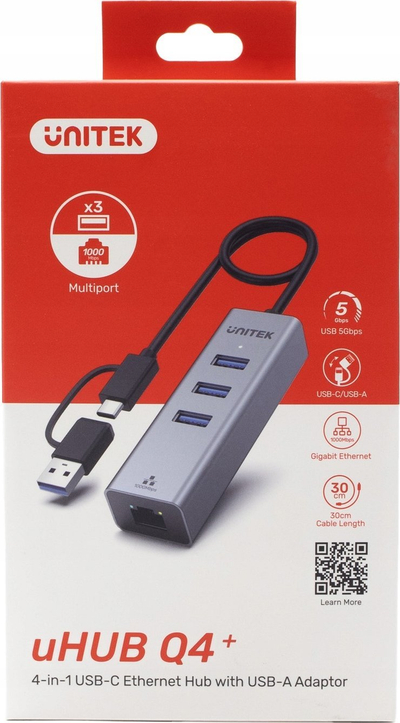Hub USB C Unitek 4 në 1, 3 porta USB A 5 Gbps, Ethernet, gri