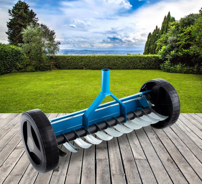 Aerator manual për lëndinë Garden, me rrota, konstruksion metalik, blu