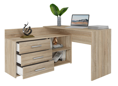 Tavolinë këndore kompjuteri Dany Large, 3 sirtarë, rafte, sonoma oak