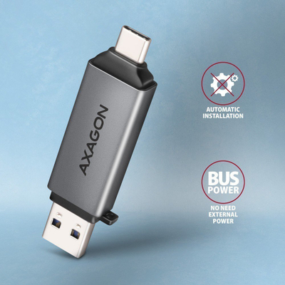 Lexues kartelash i jashtëm Axagon CRE-DAC, USB 3.2 Gen 1 Type-C dhe Type-A, SD dhe microSD, metalik