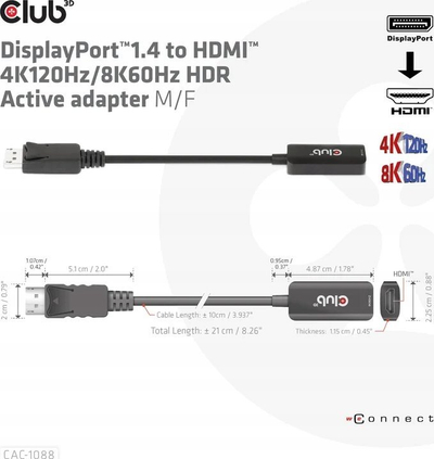 Adapter DisplayPort në HDMI Club3D CAC-1088, 4K, HDR10+, i zi