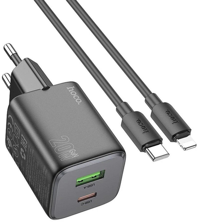 Karikues muri Hoco N41, 20W PD QC 3.0, USB C dhe USB A, me kabllo USB C në Lightning, i bardhë