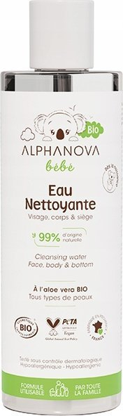 Органска чистечка вода за бебиња Alphanova Bébé, без плакнење, за чувствителна кожа