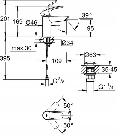 Rubinet lavamani Grohe Eurosmart S-Size, 1 vrimë, grykë 16.9 cm, mat i zi