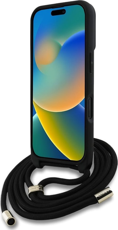 Mbulesë telefoni Guess 4G Big Logo Cord Strap, për iPhone 16, e zezë