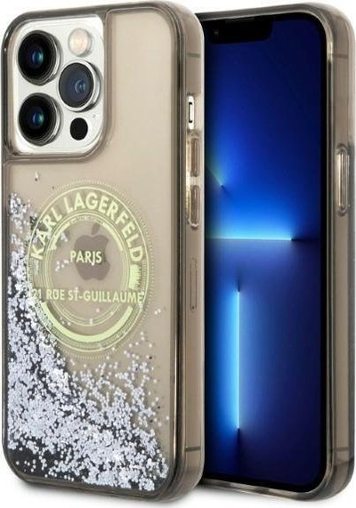 Kllausë telefoni Karl Lagerfeld Liquid Glitter RSG, për iPhone 14 Pro Max, transparente me korniza të zeza