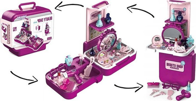 Set lojrash bukurie Woopie Beauty Shop, sallon me pasqyrë dhe aksesorë, valixhe 3 në 1, rozë