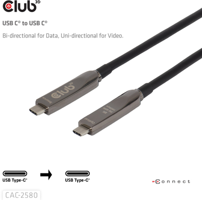 Kабел USB C Club 3D CAC-25xx, 15 m, 8K 60W, USB 3.2 Gen 2, црн