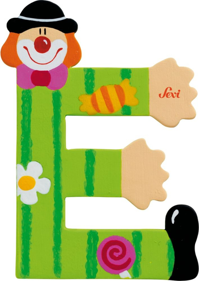 Shkronjë druri Sevi, gërma E Clown, dekor, shumëngjyrëshe