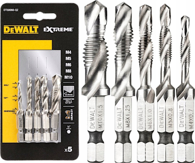 Set boriçesh vetëfiletuese Dewalt, M4 M10, bisht HEX 1/4", 5 copë