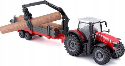 Играчка трактор Ббураго Маси Фергусон 8740С, модел 10 cm, со приколка и собирач на трупци, шарен