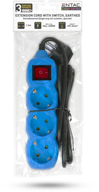 Zgjatës rryme Entac Color Series, 3 priza, 1.5m, blu