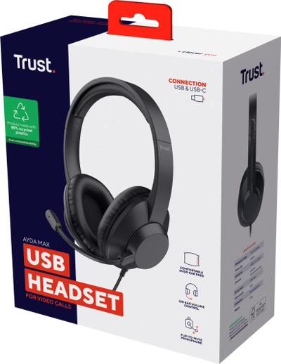 Kufje Trust Ayda Max, me kabllo, USB Type C dhe USB, të zeza