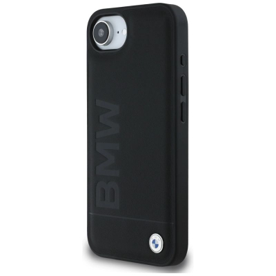 Маска за телефон BMW Leather Hot Stamp за iPhone 16E, природна кожа, заштитна, црна