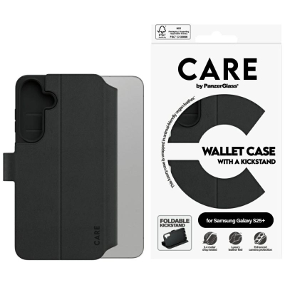 Mbulesë portofol CARE by PanzerGlass Wallet Case për Samsung Galaxy S25 Plus, me këmbë mbajtëse, me xhepa për karta, e zezë