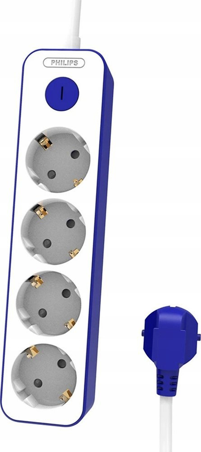 Shirit zgjatues Philips, 4 priza Schuko, USB C, 1.5m, i bardhë me blu