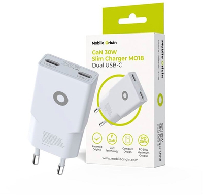 Полнач за ѕид Mobile Origin MO18 GaN, 30W, две USB C порти, бел