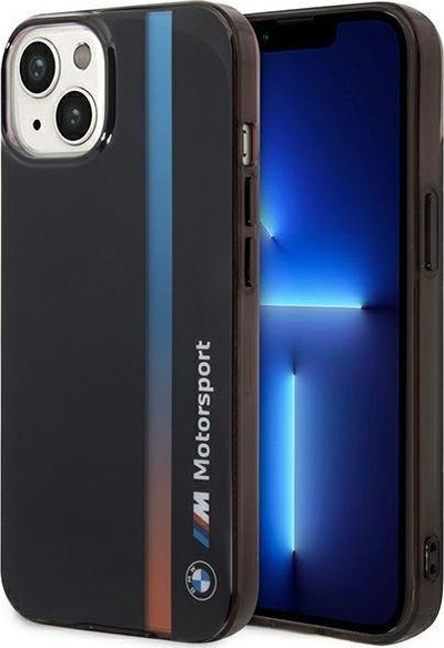 Këllëf telefoni BMW Motorsport Tricolor për iPhone 14, transparent, i zi