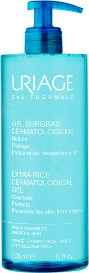 Xhel pastrues Uriage Extra Rich Dermatological, 500ml, për fytyrë dhe trup, i kaltër