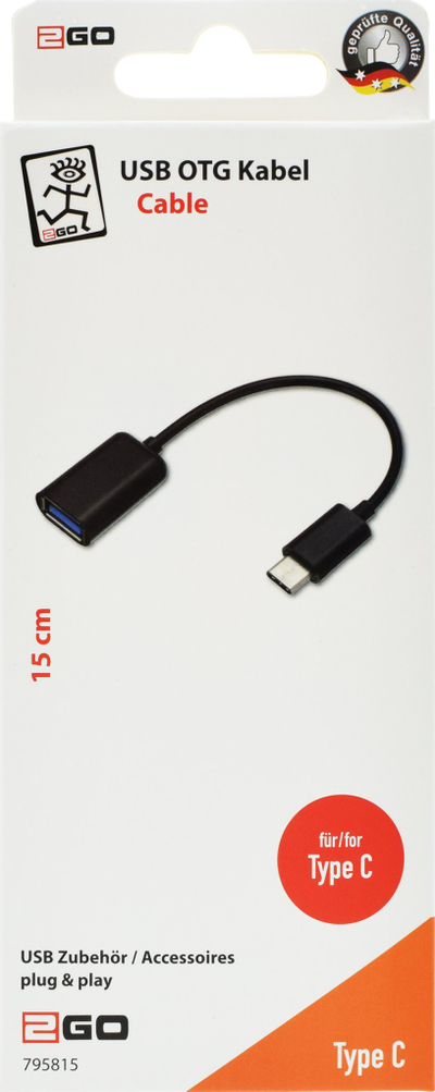 Kabllo USB OTG 2GO 795815, USB A në USB C, 15 cm, e zezë