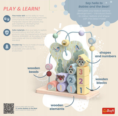 Lodër druri edukative TREFL Wooden Toy Shapes and Numbers Bobaski and Bear 61823, puzzle me forma e numra, ngjyra pastel