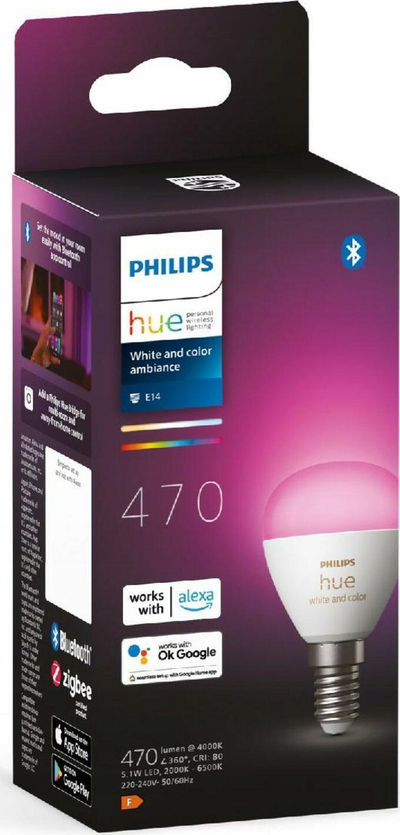 Паметна сијалица Philips Hue 8719514491229, LED E14 5.1W, 16 милиони бои, Bluetooth