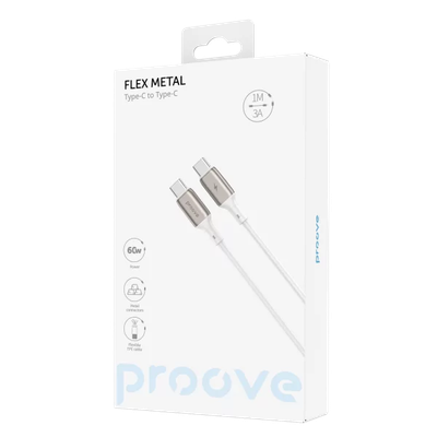 Kabllo karikimi Proove Flex Metal Type-C në Type-C, 60W, 1m, e bardhë