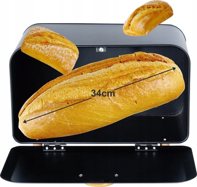 Kuti buke metalike Bread Bin, 35.5x20.5x20cm, dorezë druri, e zezë