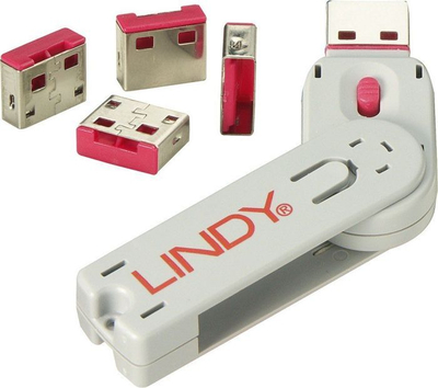 Set bllokues USB Lindy 40450, 4 copë, me çelës sigurie, gri e kuqe