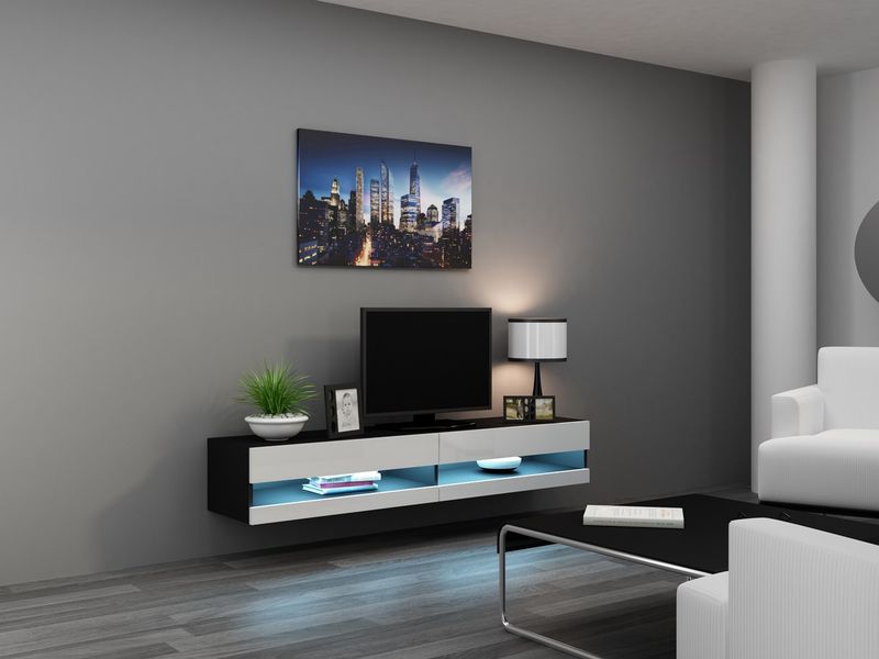Komodinë TV Cama VIGO NEW 180cm, MDF, e zezë e bardhë me shkëlqim